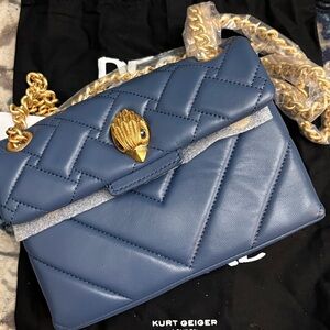 Kurt Geiger Navy Quilted Leather Shoulder Bag with Gold Eagle Clasp NWT